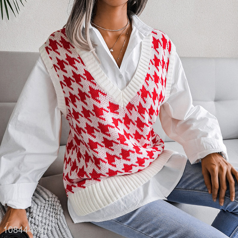 Hot sale women's winter vest houndstooth knitted sweater vest waistcoat