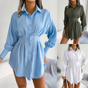 Good quality puff sleeve slinky chiffon shirt dress women casual clothing