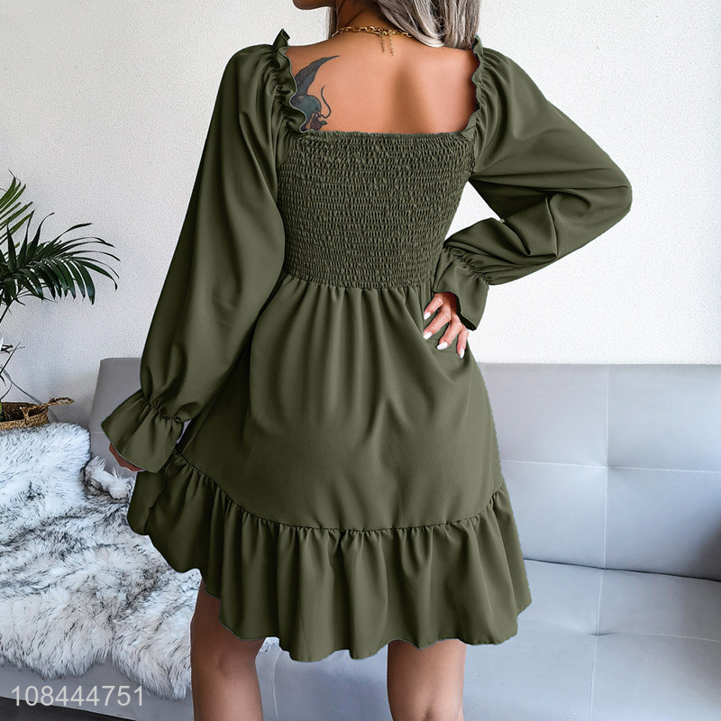 Factory wholesale solid color women puff sleeve square neck chiffon dress