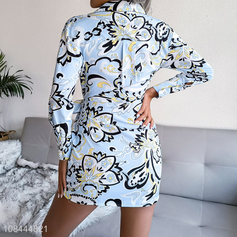 Popular product printed long sleeve chiffon bodycon dress slinky shirt dress