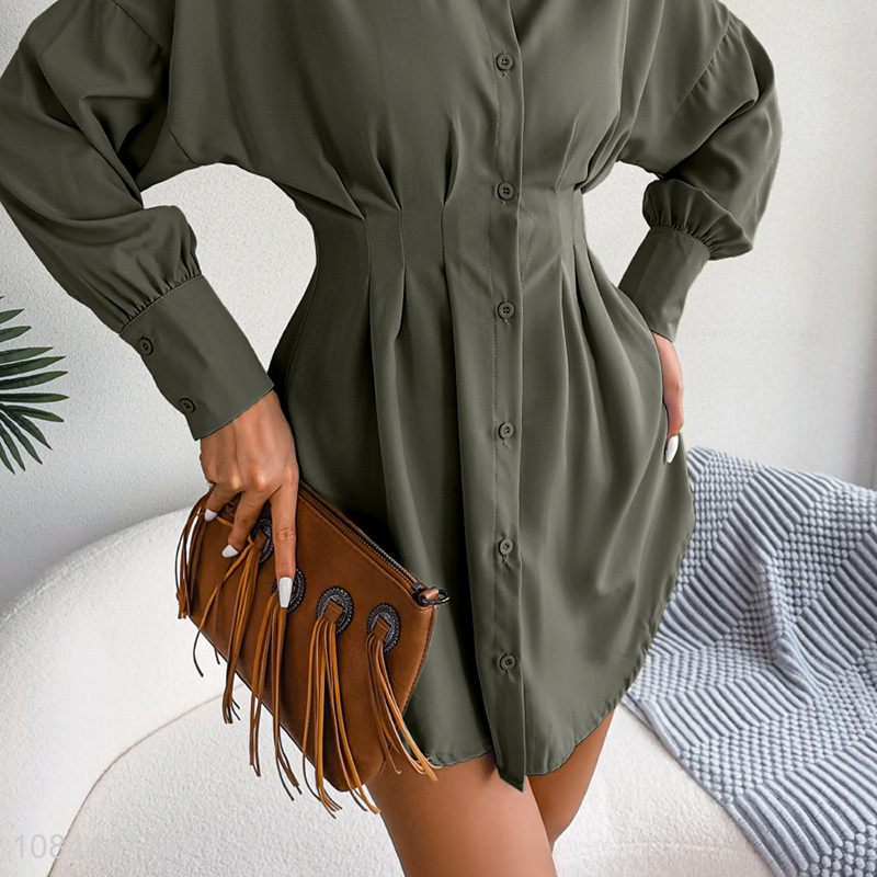 Good quality puff sleeve slinky chiffon shirt dress women casual clothing