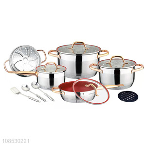 Wholesale stainless steel cookware set with saucepan soup pot frying pan milk pot steamer utensils