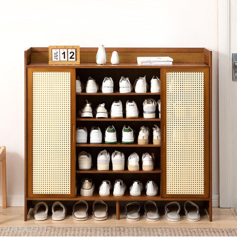 Factory supply bamboo shoe storage cabinet shoe rack with rattan door