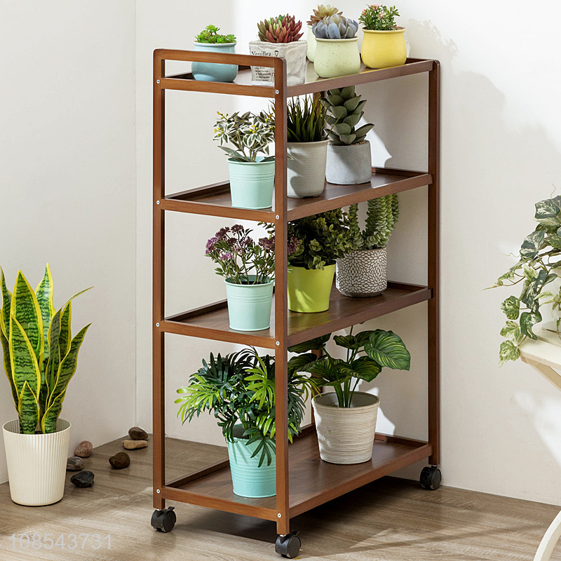 Hot selling indoor outdoor 5-tier bamboo plant stands with wheels