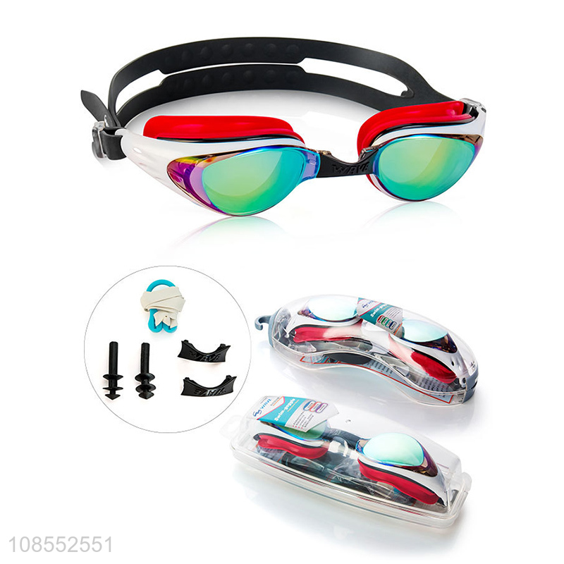 Wholesale adult anti-fog swimming googles set with swimming nose clip &earplugs