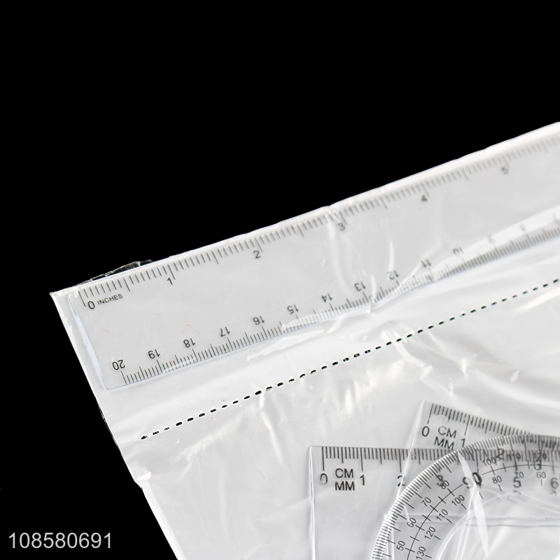 Factory supply transparent plastic straight ruler set with protractor