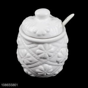Wholesale ceramic spice jar seasoning pot condiment holder with spoon