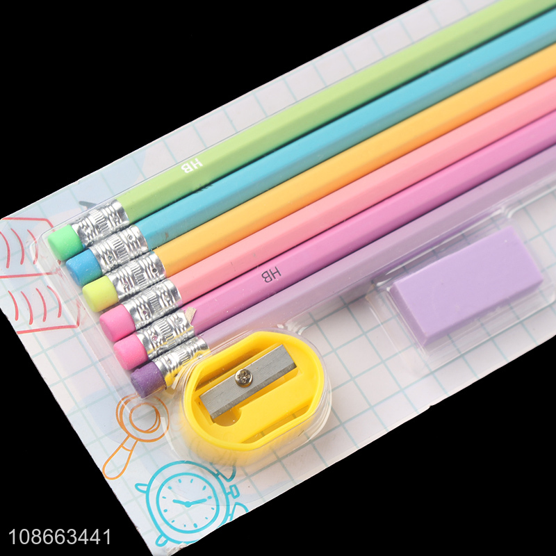 Wholesale kids stationery set with hb pencils, pencil sharpener and eraser