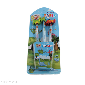 Wholesale 3pcs wooden pencil with cartoon dinosaur eraser for kids