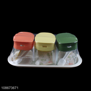 Factory supply glass condiment box set seasoning box set with spoons