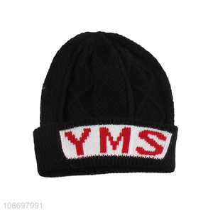 Yiwu market black fashion acrylic embroidery knitted winter beanies hat