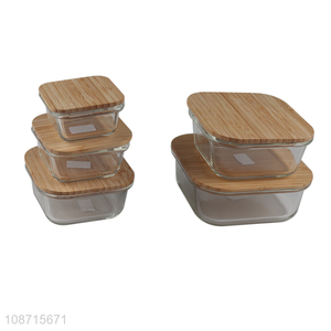 Low price square glass food storage box preservation box with bamboo lid