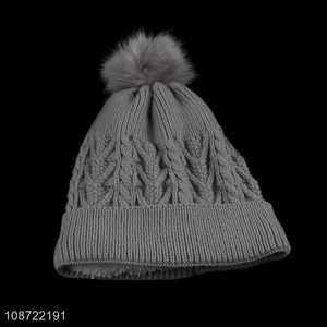 Hot selling women's winter hat fleece lined knitted hat with pom pom