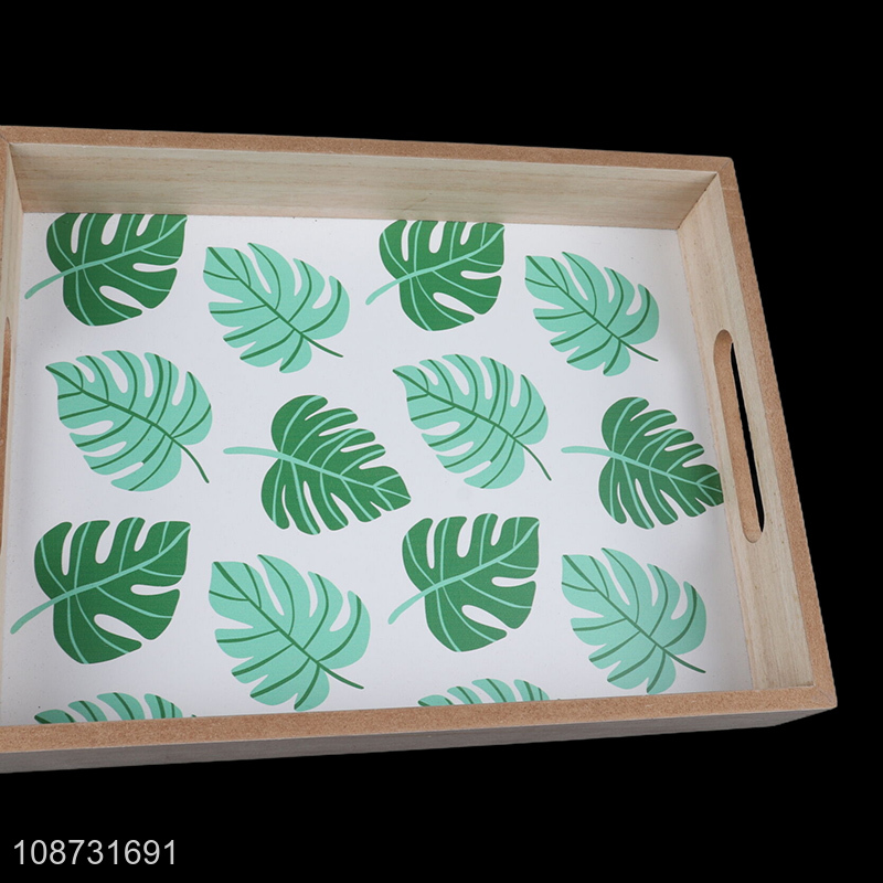 Wholesale rectangular leaf printed wooden serving tray with handles for restaurant