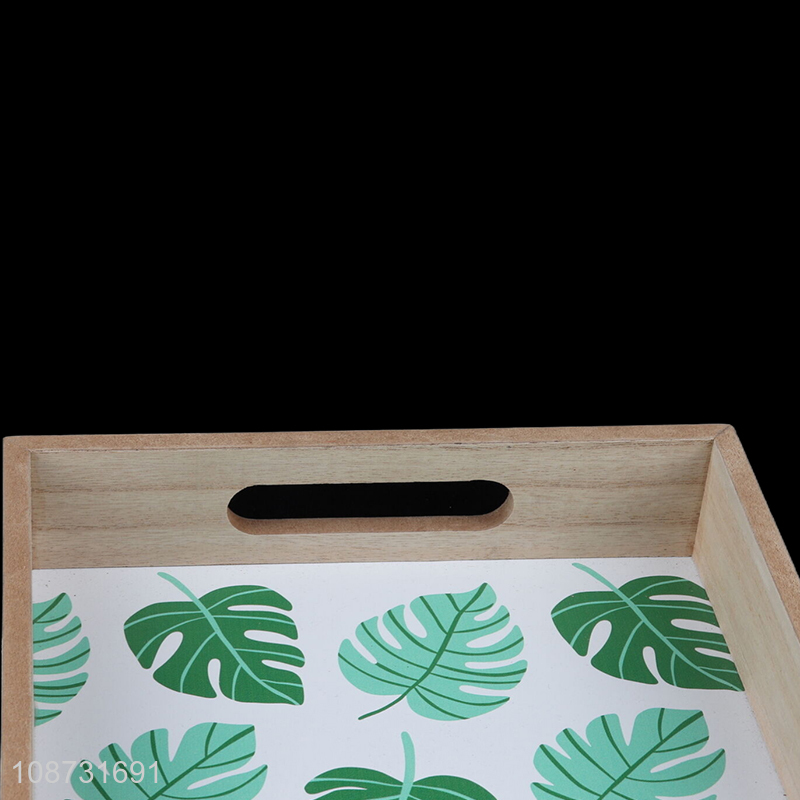 Wholesale rectangular leaf printed wooden serving tray with handles for restaurant