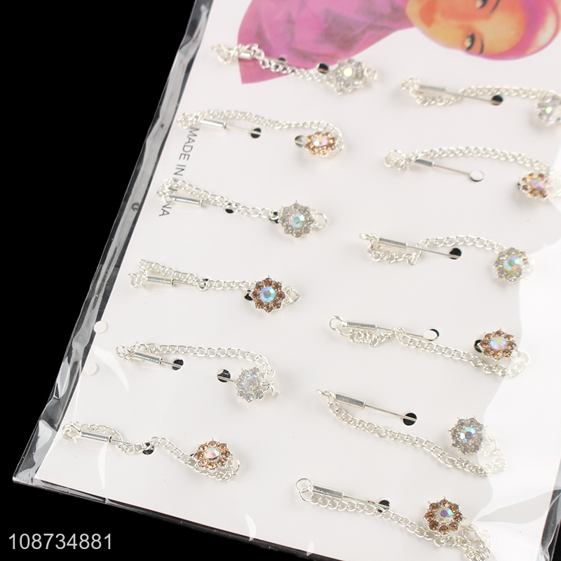 New product luxury rhinestone metal flower hijab pins with chain