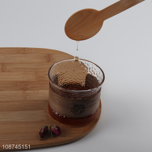 Hot selling embossed glass <em>coffee</em> mug tea <em>cup</em> with wooden <em>cup</em> sleeve