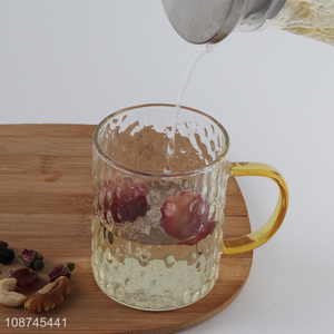 Good quality water cup textured glass coffee mug with colored handle