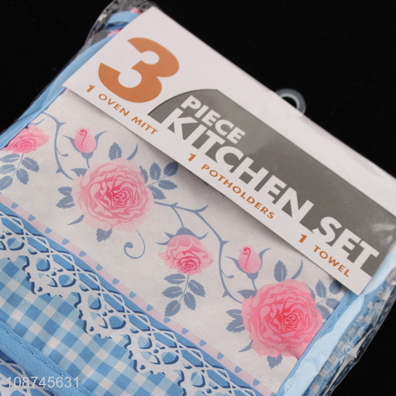 Hot selling floral print oven mitt pot holder dish towel set for baking