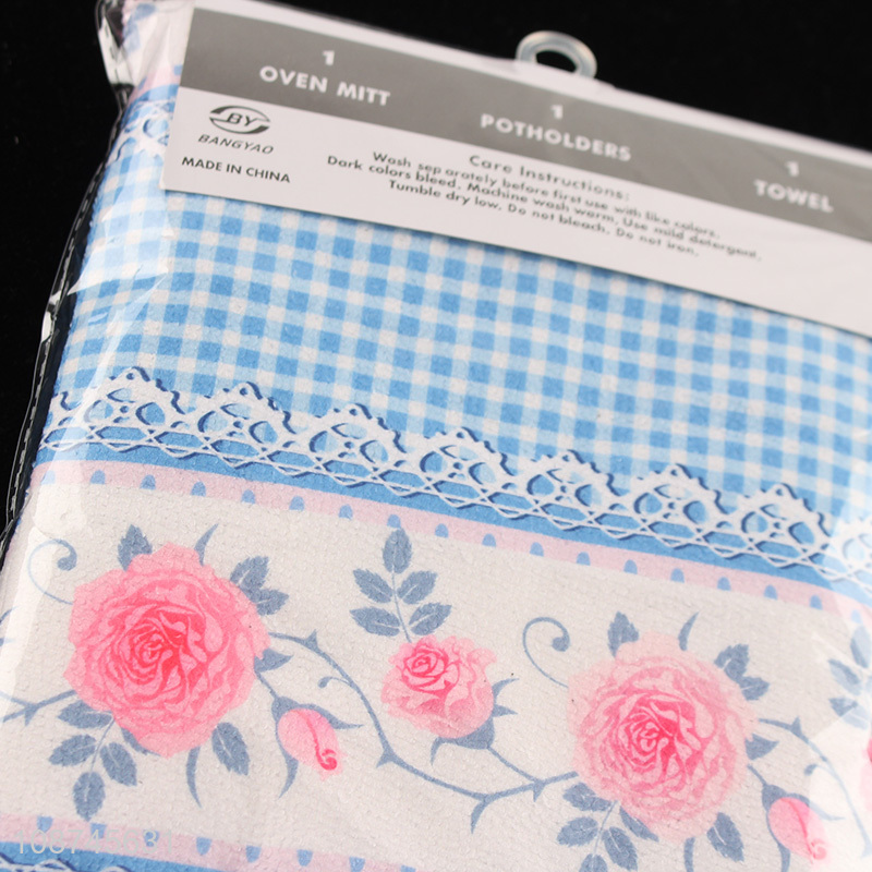 Hot selling floral print oven mitt pot holder dish towel set for baking