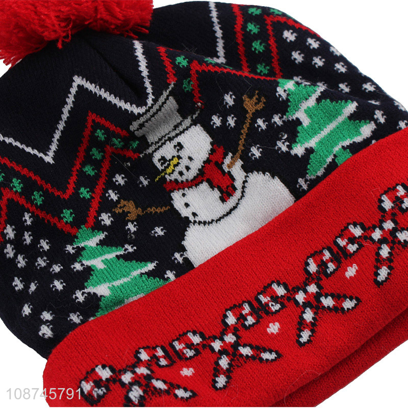 Wholesale women winter jacquard knitted beanie pompom beanie hat