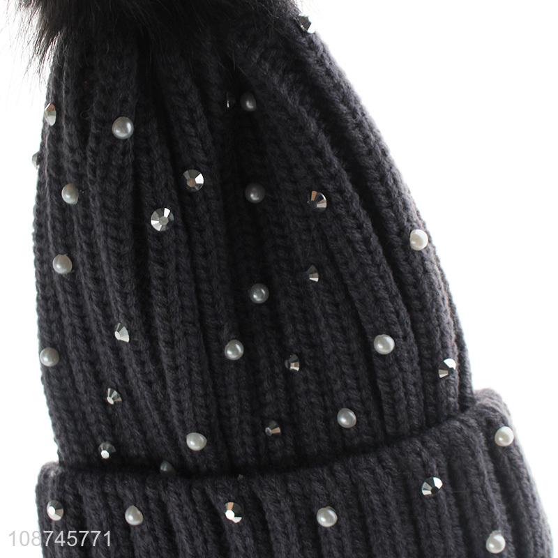 New product women slouchy winter cap pearl beanie hat with pompom