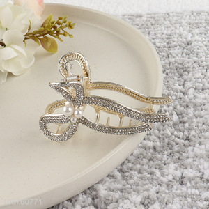 China import pearl rhinestone bow hair claw clip alloy hair jaw clip