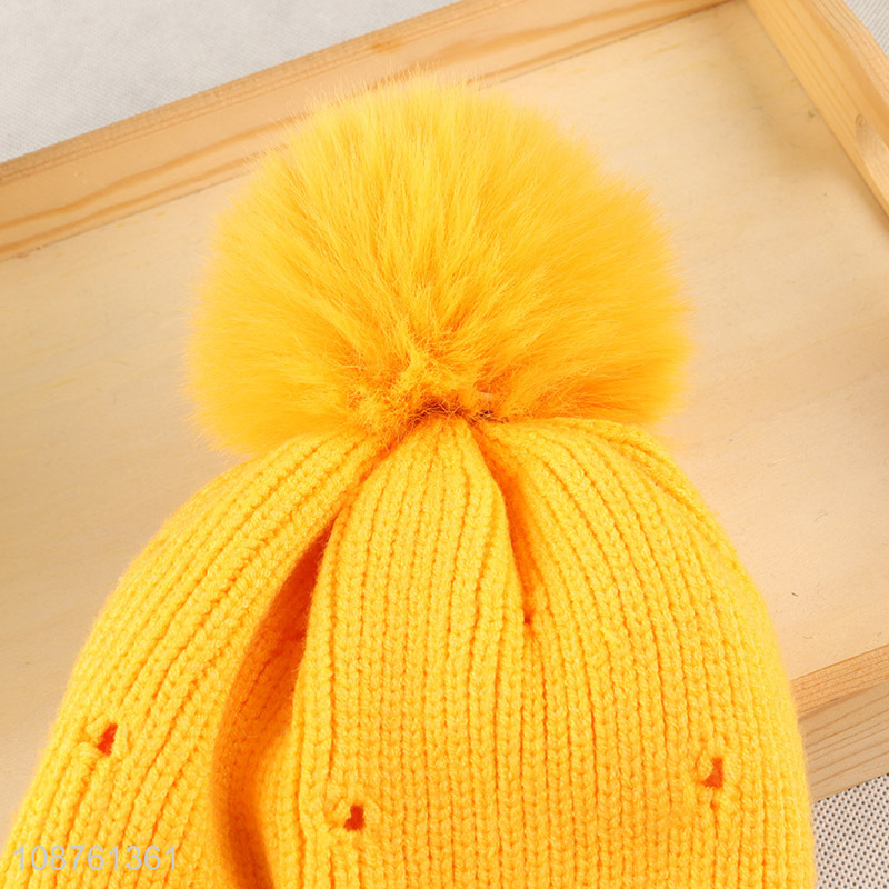 Hot selling winter pompom beanie fleece lined knitted beanie cap
