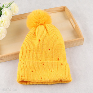 Hot selling winter pompom beanie fleece lined knitted beanie cap