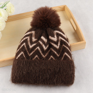 Factory price fluffy pom pom beanie winter hat with fleece lining