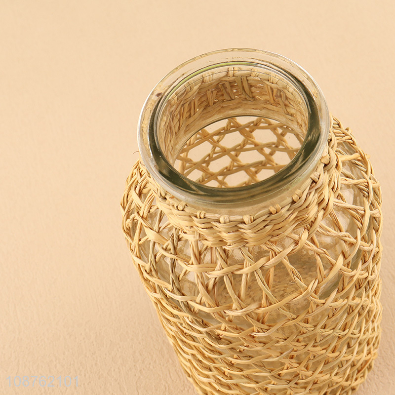 Low price straw woven glass vase for home decoration