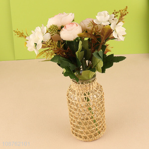 Low price straw woven glass <em>vase</em> for home decoration