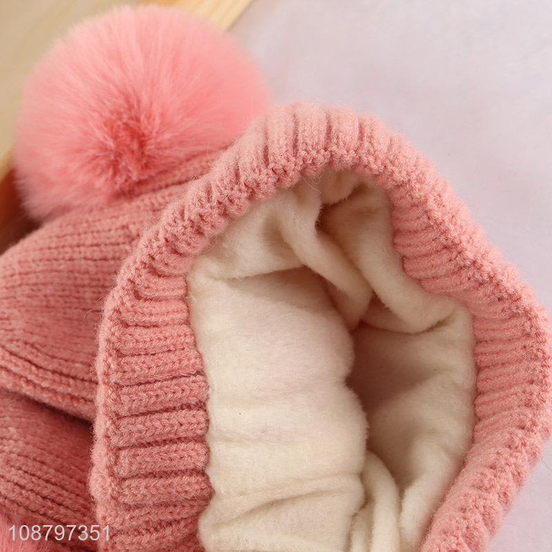 Good quality kids winter hat knit beanie with double pom pom