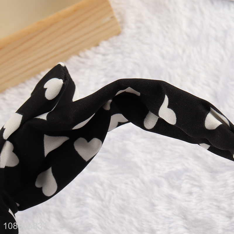 Wholesale wide heart printed fabric headband with bowknot