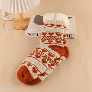 Wholesale women's jacquard fleece lining slipper socks