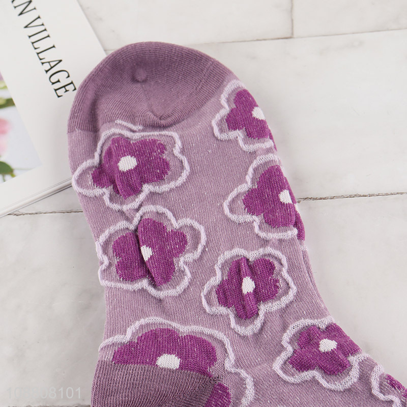 Hot selling floral jacquard cotton crew socks for women girls