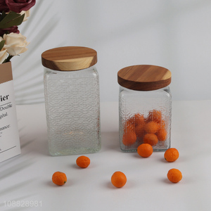 Good quality clear airtight embossed glass <em>storage</em> jar with wooden lid