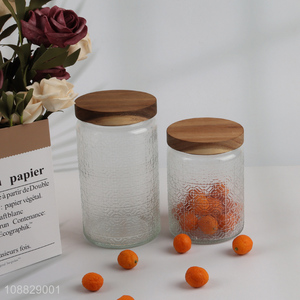 Good quality clear embossed glass food container airtight <em>storage</em> jar