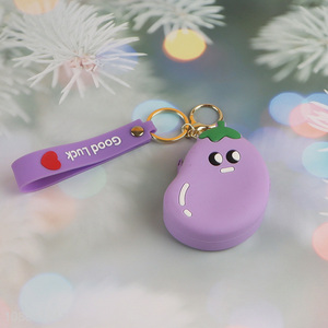 Wholesale cut eggplant shape silicone <em>coin</em> <em>purse</em> key organizer pouch