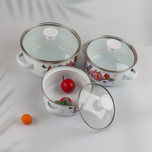 High quality 3-piece flower pattern enamel stockpots with lids