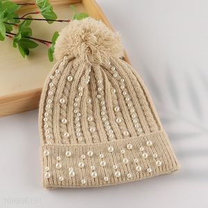 High quality women winter <em>hat</em> <em>knit</em> beanie <em>hat</em> with pearls & pompom