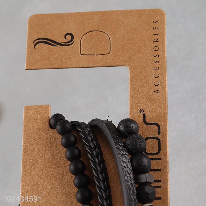 China wholesale black simple beaded braided bracelet set