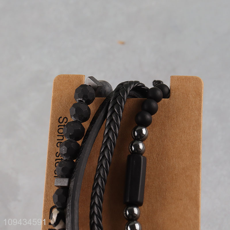 China wholesale black simple beaded braided bracelet set